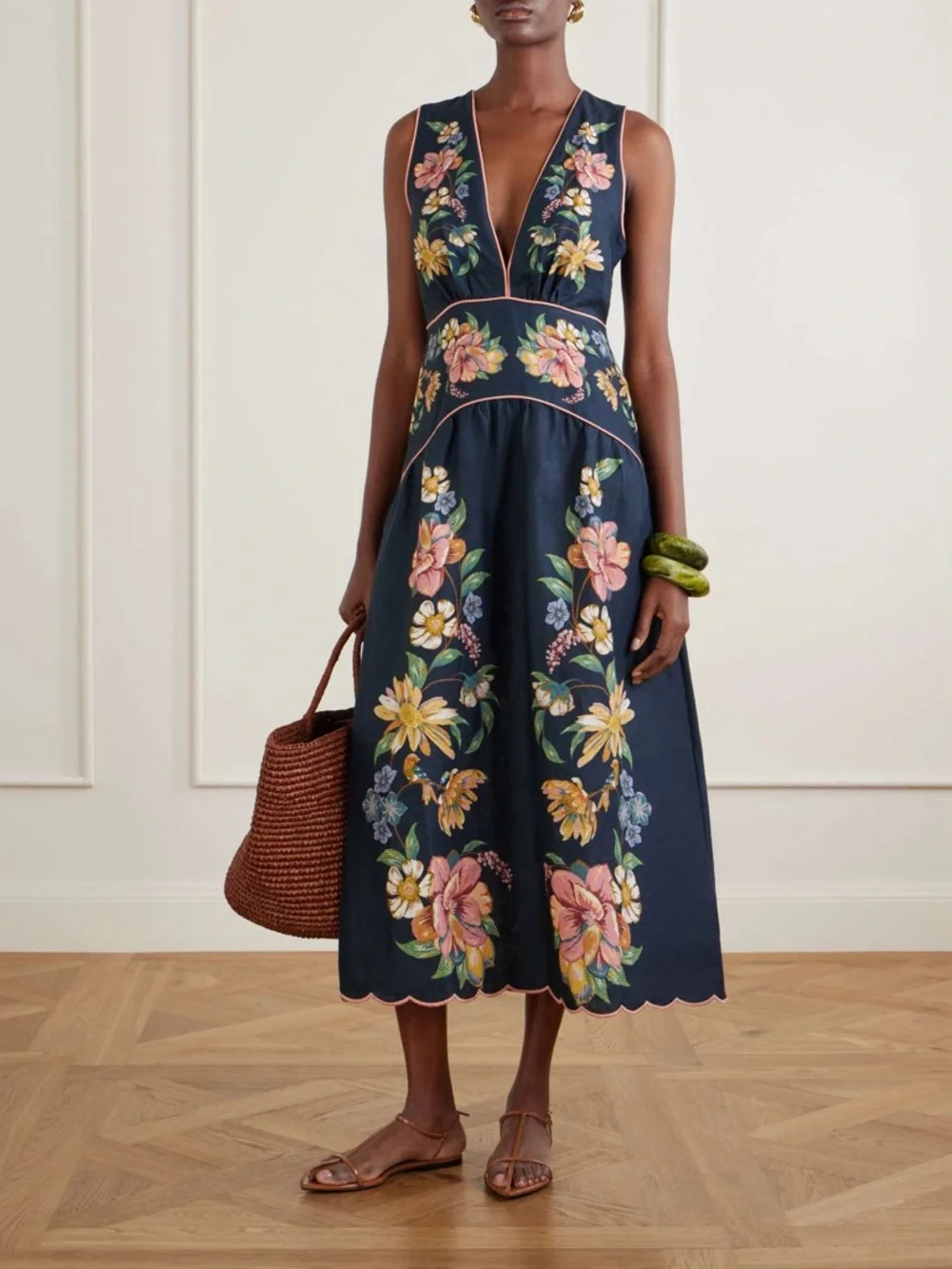 FARM Rio Maira Floral Dark Blue Linen Midi Dress Size Large NWT - Picture 4 of 16